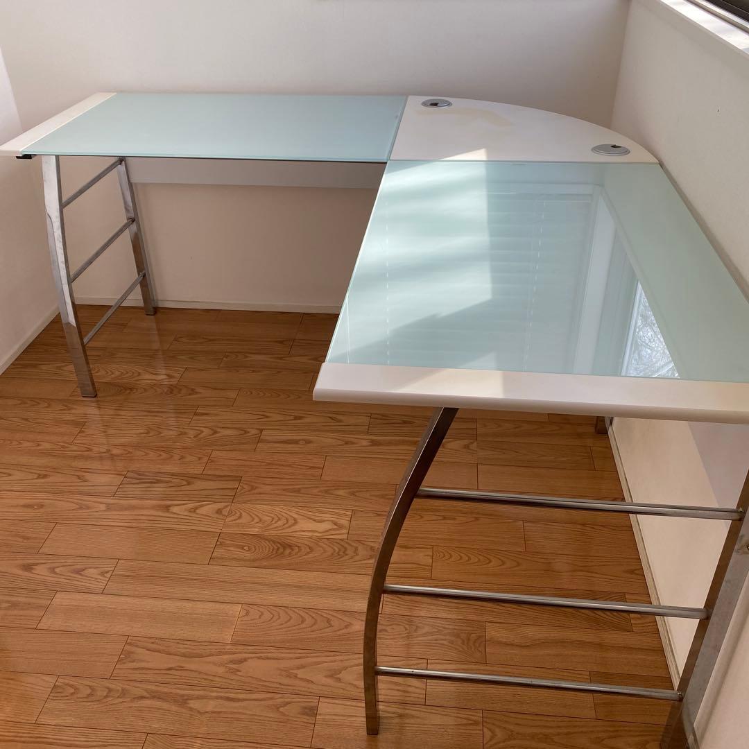 L字型ガラスデスク