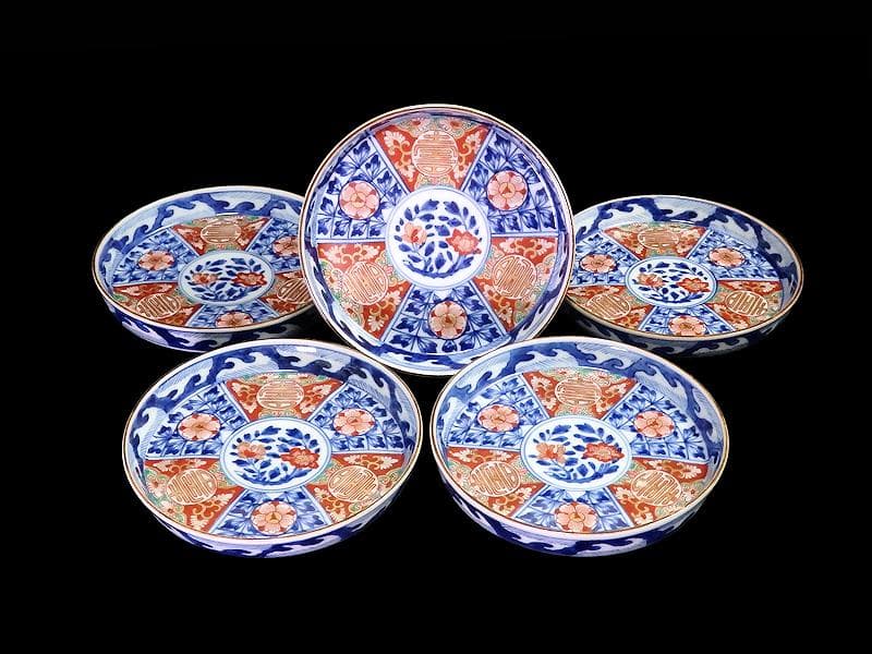 大聖寺伊万里　金襴手　割絵　寿に花の図　平皿 ４寸皿　５枚　143AS-DBd