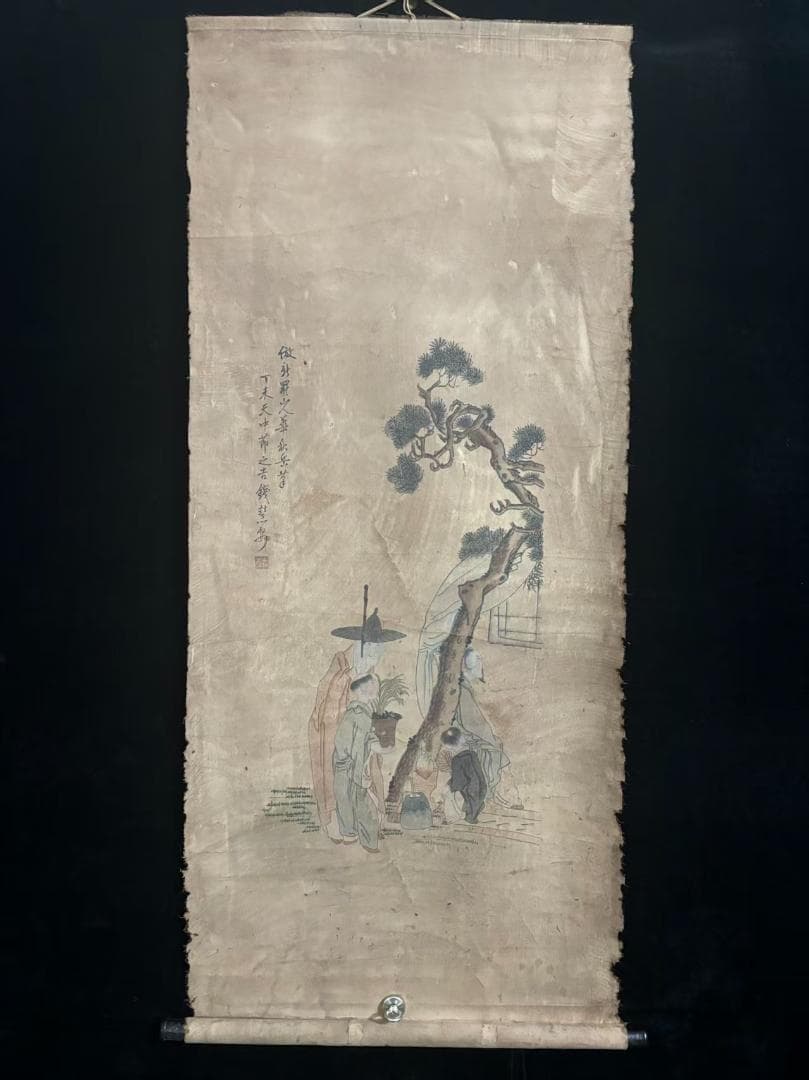 中国古美術 清代 錢慧安 人物と樹木の水彩掛軸 絹本 三尺 手描き 中堂画 肉筆