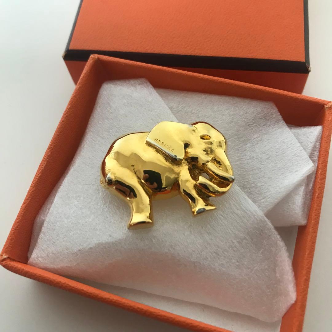 HERMES エレファント 象 ブローチ ゴールドカラー 箱付