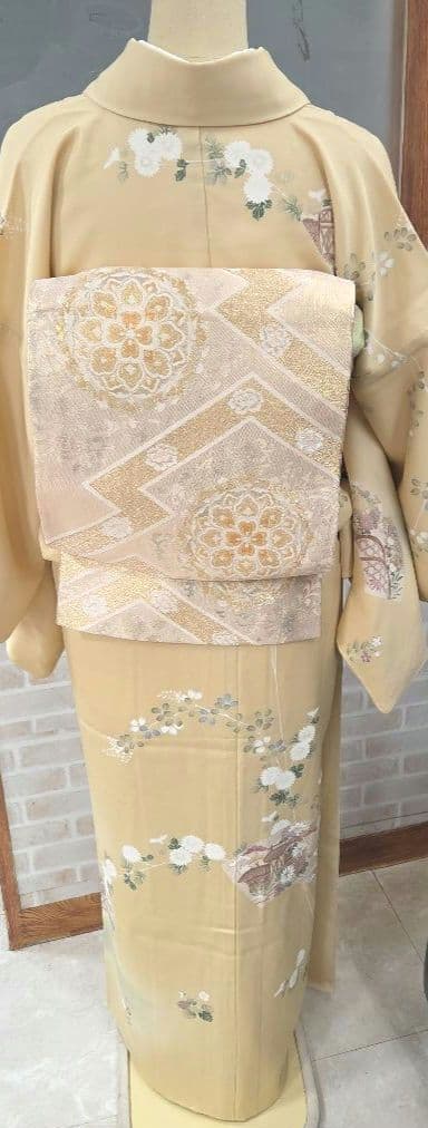 トールサイズ訪問着4点フルセット、着物、袋帯、帯締め、帯揚げ