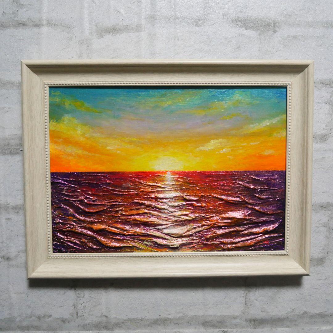 油絵 油彩 油彩画 絵 絵画 【朝日に輝く海】