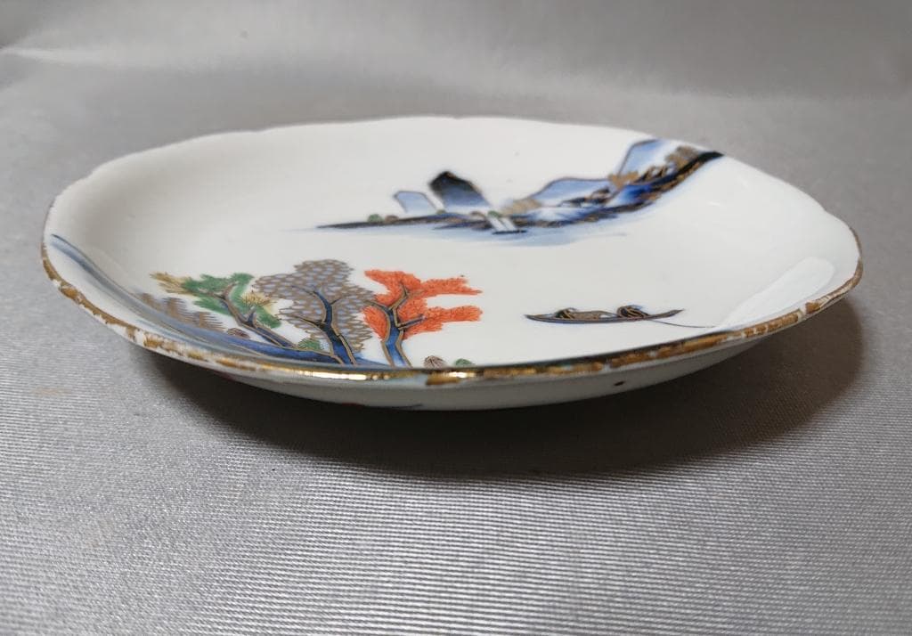 17　古伊万里　輪花　色絵山水図　大明成化年製銘　江戸中期　中皿　5客