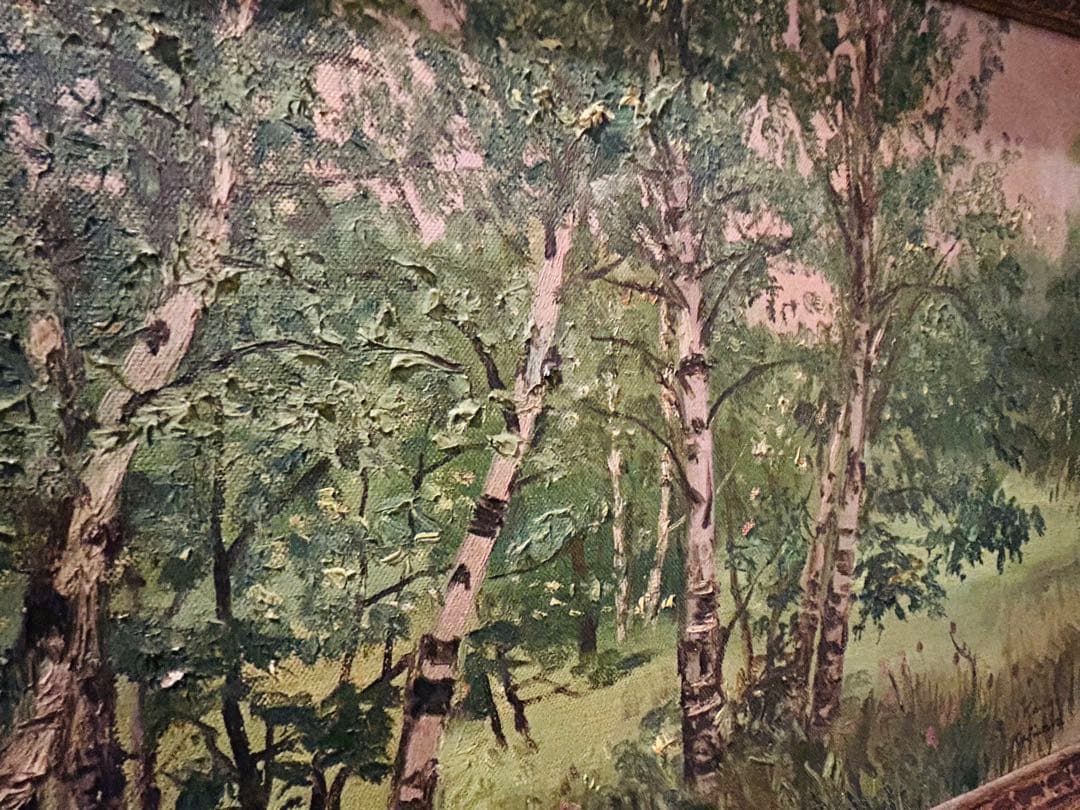 ◉真作 光風会 梶原貫五 油彩風景画 F8号 仮題：夏の雑木林(白樺)福岡県出身