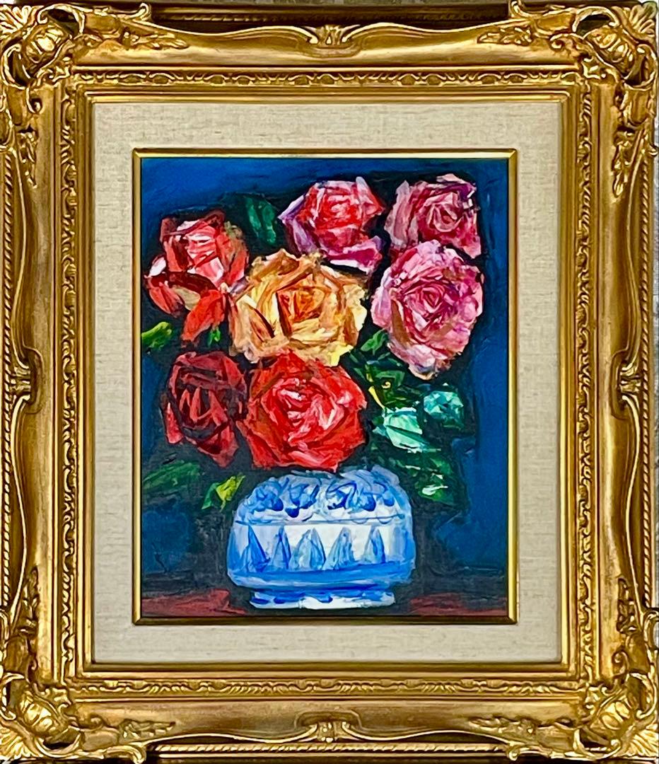 中川力　真作「ばら」 油彩3号　薔薇図傑作　表サイン　裏面に題名・署名