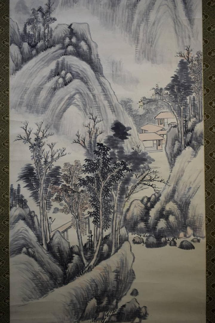 真作/岡田米山人/山水画賛/布袋屋掛軸HG-557