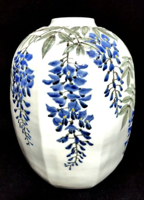 末岡信彦 色絵藤之図八角壷 共箱　色絵磁器