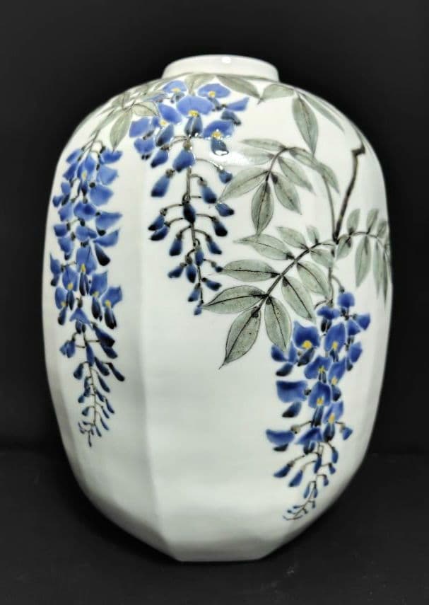 末岡信彦 色絵藤之図八角壷 共箱　色絵磁器