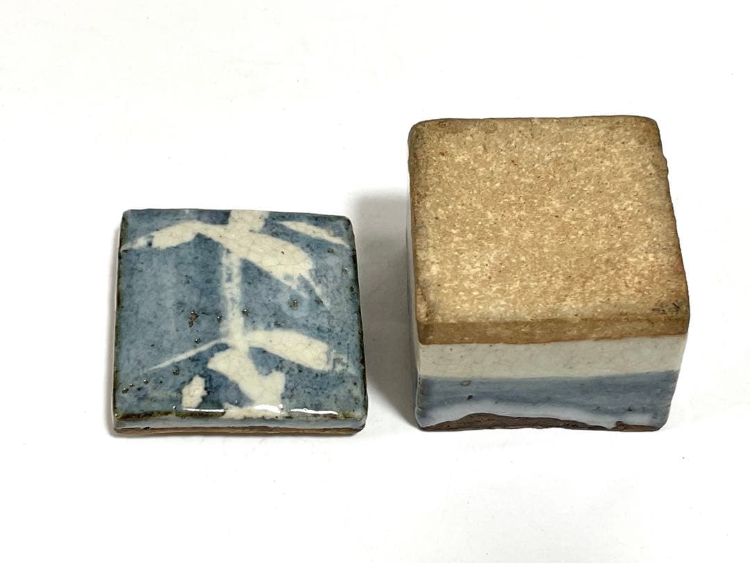 作家物　陶芸家　河井寛次郎　？　呉須鉄薬草文合子　香合　角型　箱付き　民藝　民芸