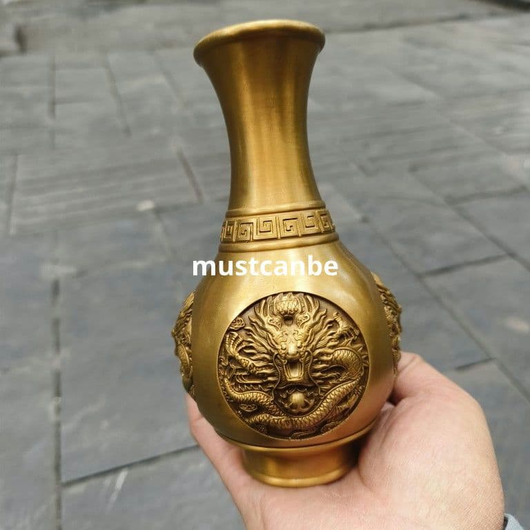 銅器 浮彫竜紋花瓶 美品 重厚 装飾品 工芸品 置物