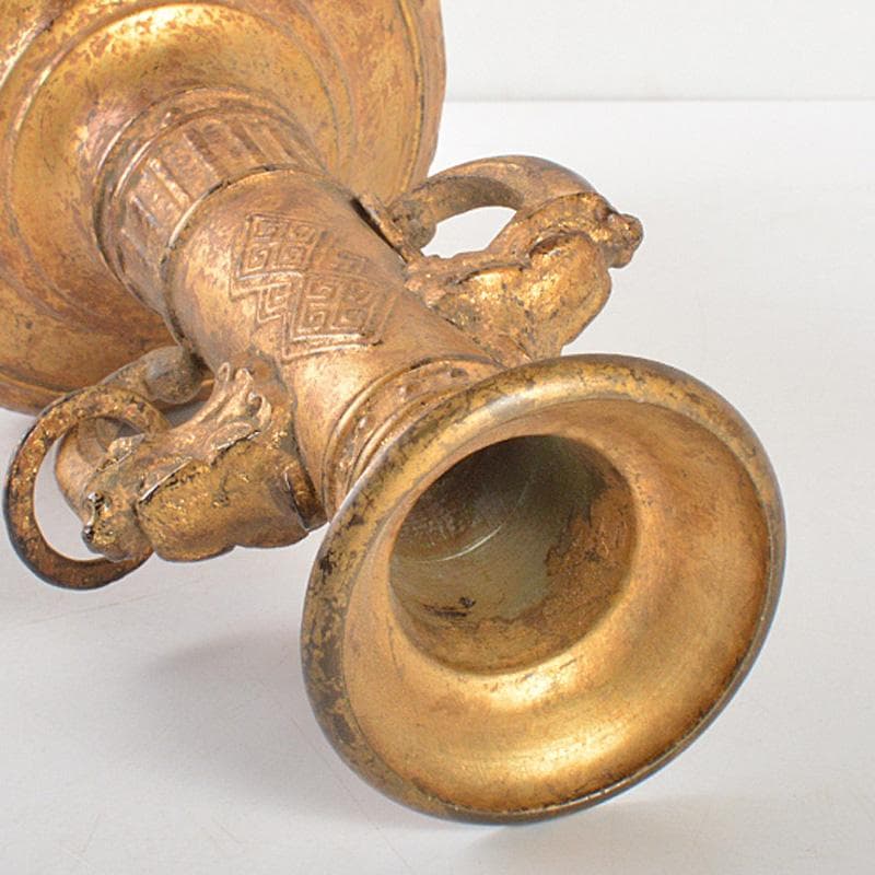 中国　古銅鍍金　饕餮文　双獣耳瓶　M　R6800