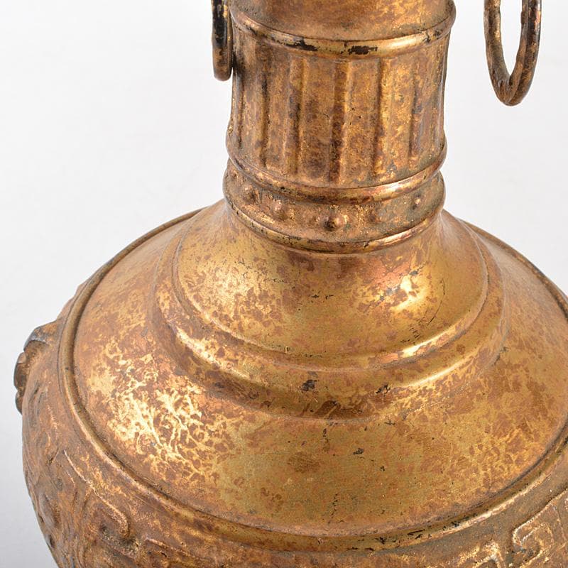 中国　古銅鍍金　饕餮文　双獣耳瓶　M　R6800