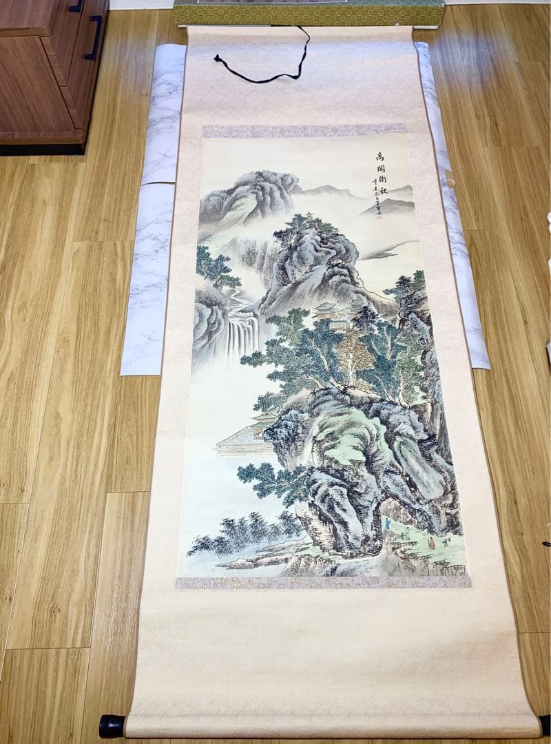 中国 絹本掛軸 高閣　街秋中堂　状態良好