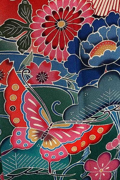 美品 本振袖 紅型染 朱赤 縮緬地 アゲハ蝶 吉祥花 身丈163cm フォーマル