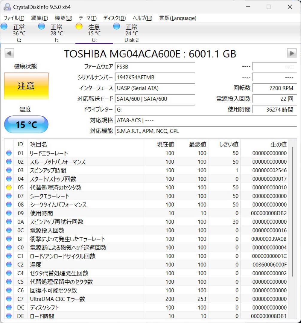 東芝 TOSHIBA MG04ACA600E内蔵ハードディスク6TB