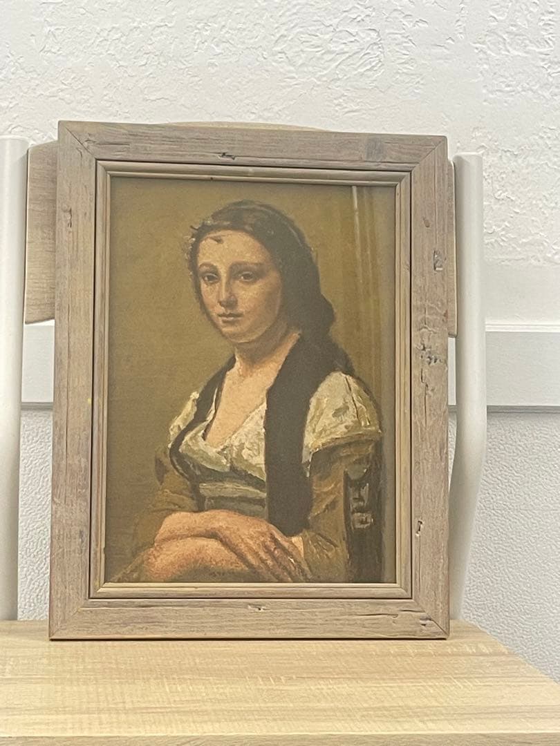 齋藤賢司KenziSaitouによるコロー真珠の女模写油彩作品、木製フレーム付き