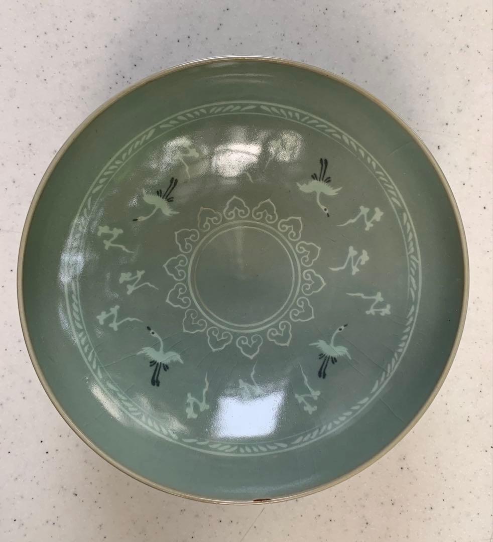 希少　三和高麗焼　青磁　象嵌雲鶴文　鉢　菓子鉢　戦前