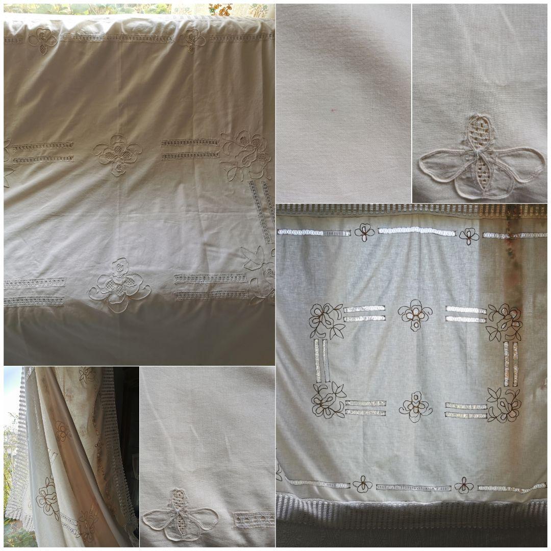 アンティークイタリア 淡いピンク 花刺繍＆ドローンワーク クロシェレースクロス