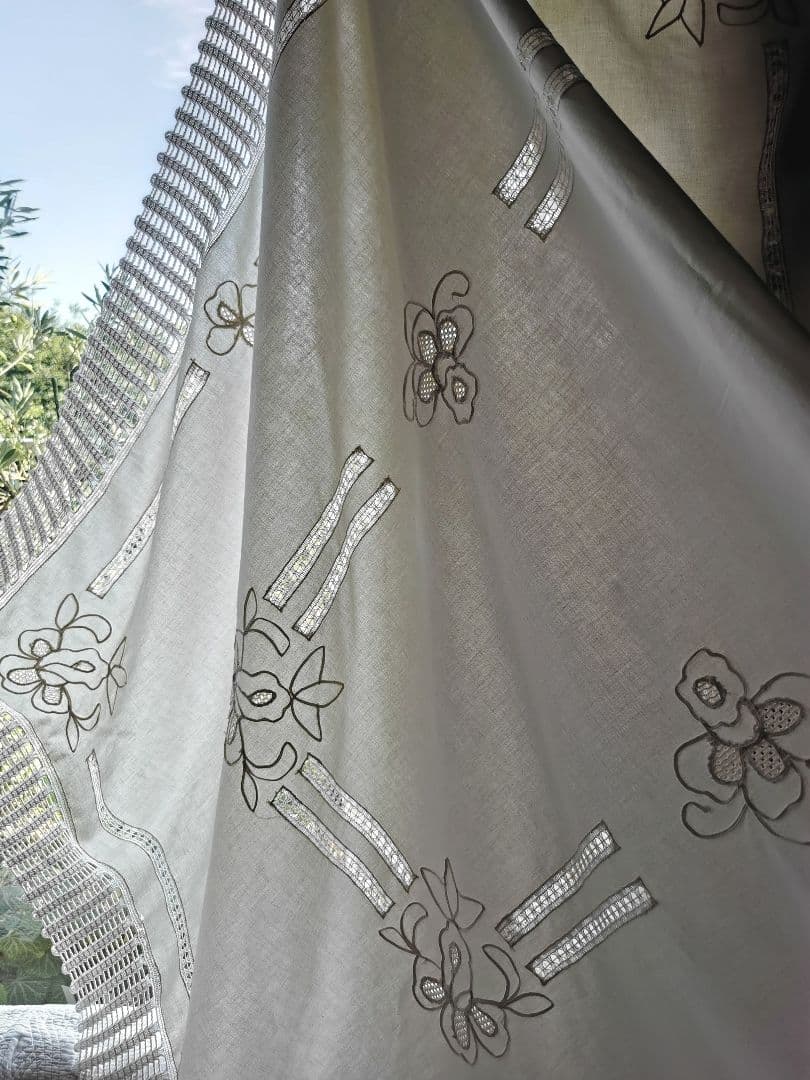 アンティークイタリア 淡いピンク 花刺繍＆ドローンワーク クロシェレースクロス