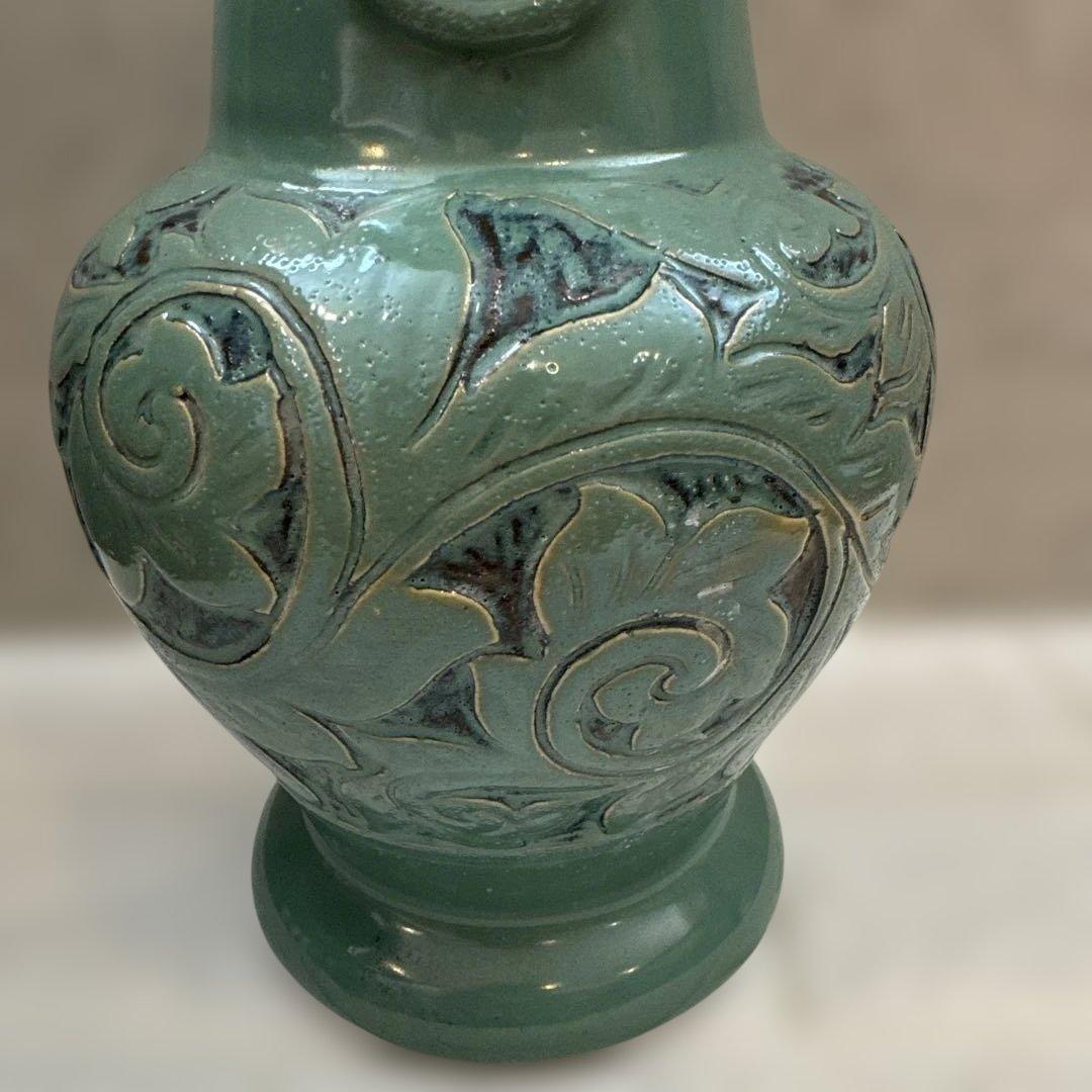 壺屋焼.小橋川永弘.緑釉.唐草.掻き落とし.線彫り.ビンテージ