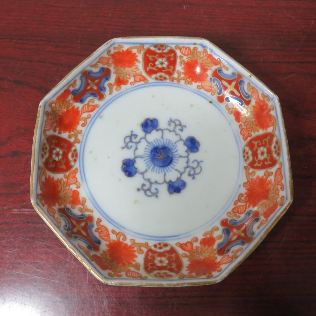 小皿 色絵付 染付 金彩 花弁 唐草 銘 八角皿 5枚