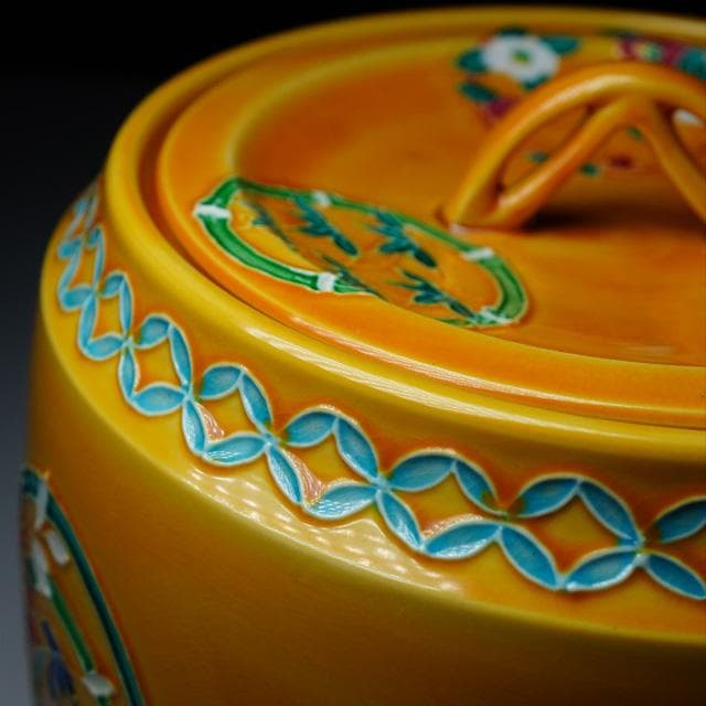 伊藤南山　黄交趾花丸紋水指　共箱　茶道具　京焼