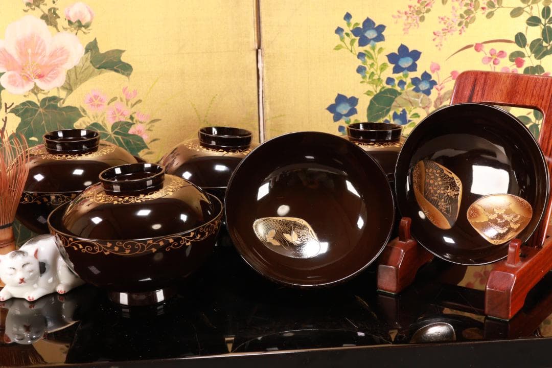 BK425　時代輪島塗　図替り　貝尽くし図金蒔絵　吸物椀　五客　木製 懐石 菓子