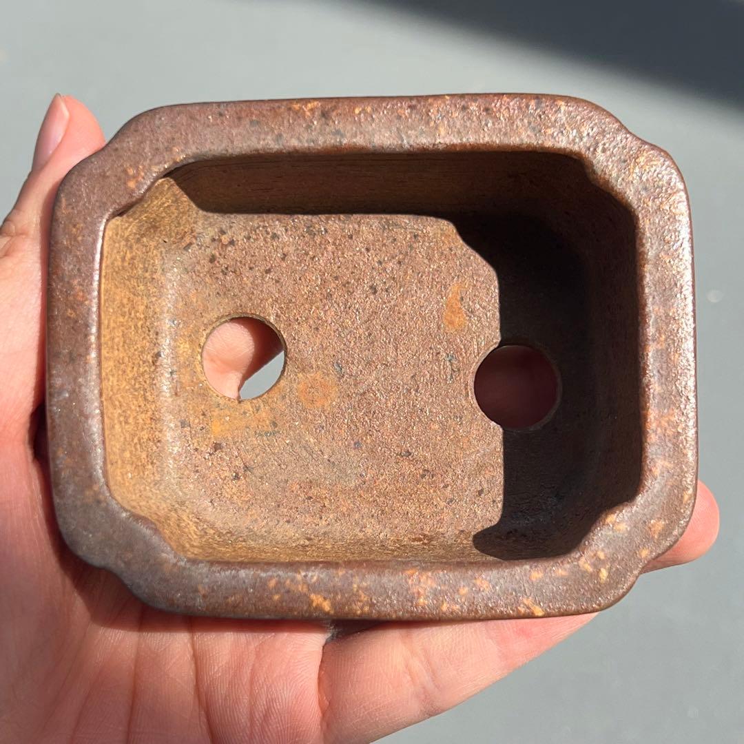 736.平安虹泉 梨皮紫泥隅角段足長方 盆栽鉢 植木鉢 9.4*7.6*4cm