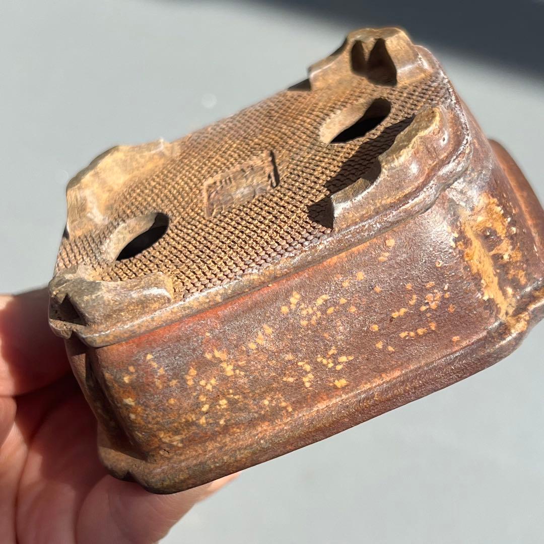 736.平安虹泉 梨皮紫泥隅角段足長方 盆栽鉢 植木鉢 9.4*7.6*4cm