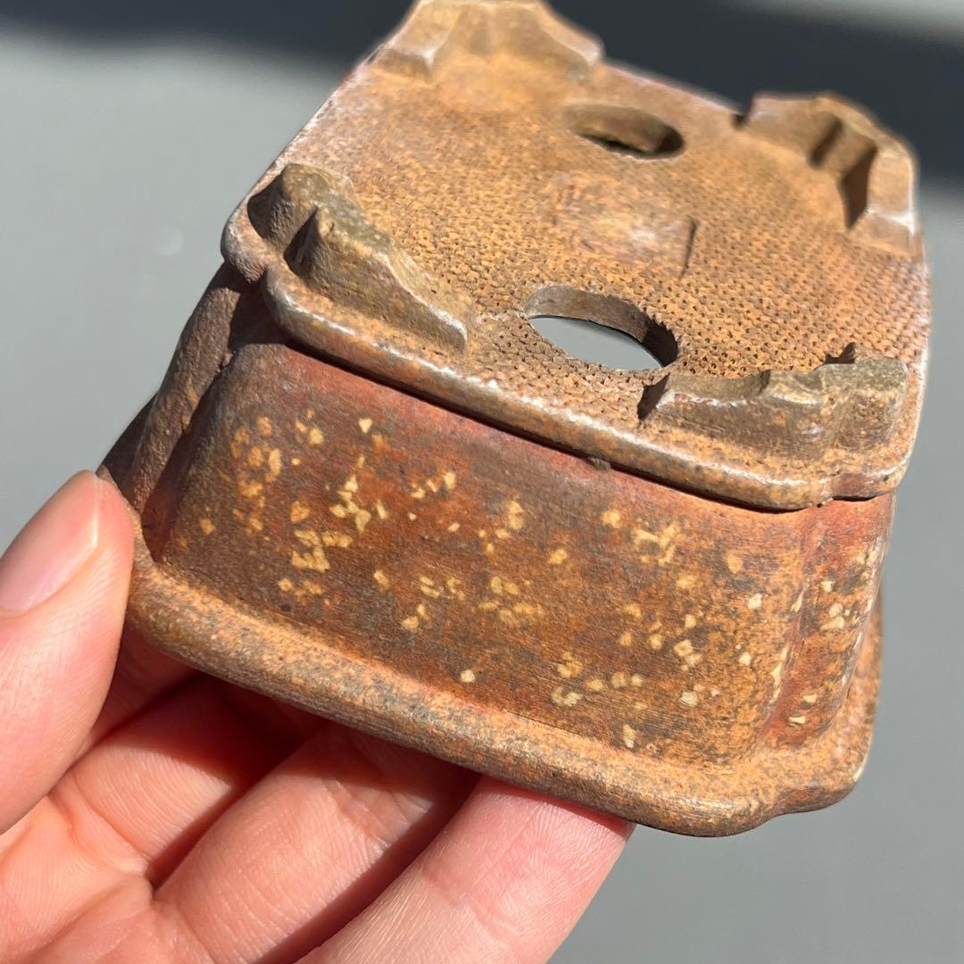 736.平安虹泉 梨皮紫泥隅角段足長方 盆栽鉢 植木鉢 9.4*7.6*4cm