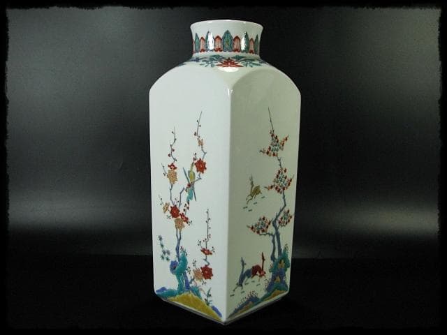 古琳庵 館林 宏久 柿右衛門 錦麦四季紋図 四方 壺 高約32cm 花入 花器