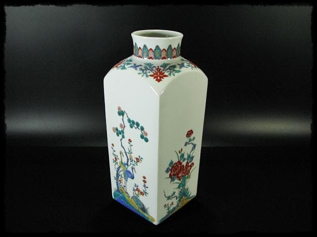 古琳庵 館林 宏久 柿右衛門 錦麦四季紋図 四方 壺 高約32cm 花入 花器