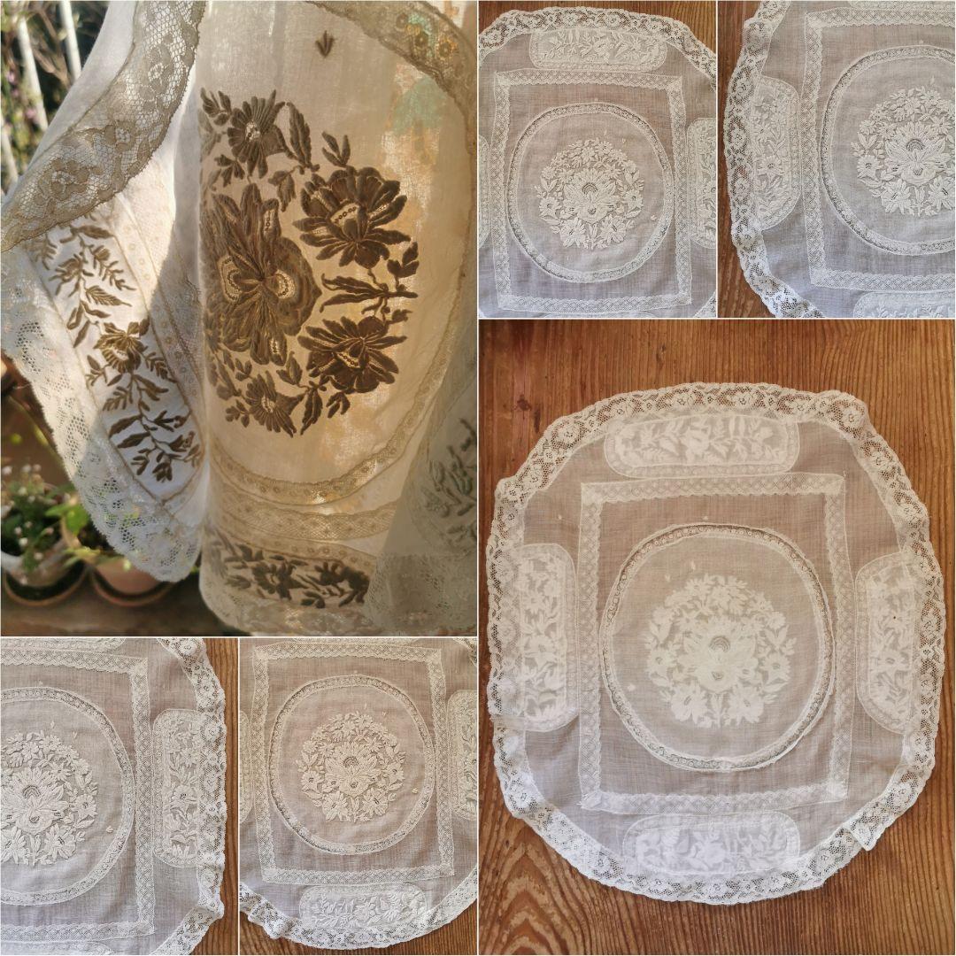 アンティーク フランス 美しい盛上刺繍 ノルマンディーレース 象牙色アイボリー