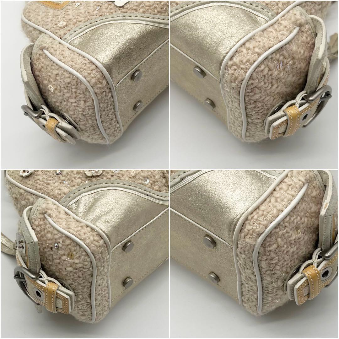 希少 COACH ツイード ハンドバッグ ミニ ボストン 花モチーフ フリンジ
