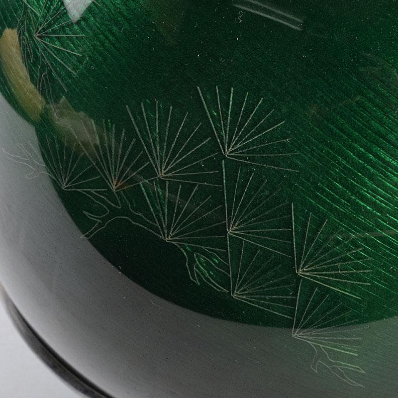 七宝焼　相互七宝謹製　緑透釉　松文　花瓶　唐木台付　共箱　M　R9393H