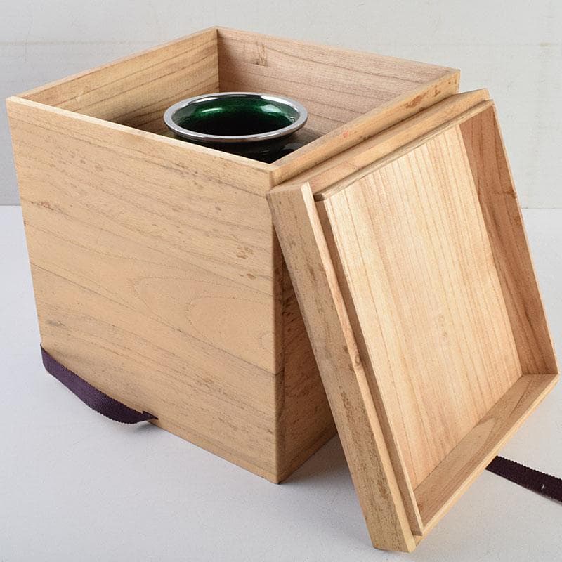 七宝焼　相互七宝謹製　緑透釉　松文　花瓶　唐木台付　共箱　M　R9393H