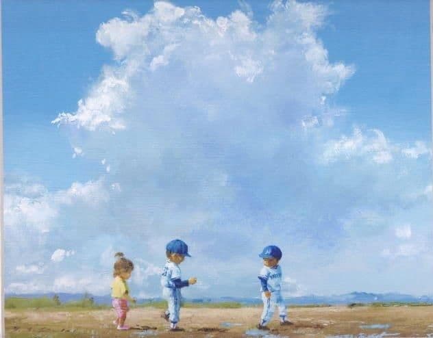 櫻井幸雄　額縁付き複製画　少年野球「雨上がりの球場」　リトルリーグ　桜井幸雄