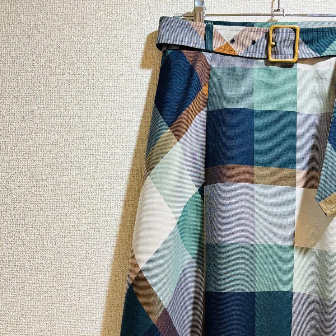 ブルーレーベル｜緑チェック フレア ベルト Aライン ミモレ 秋冬 大人可愛い