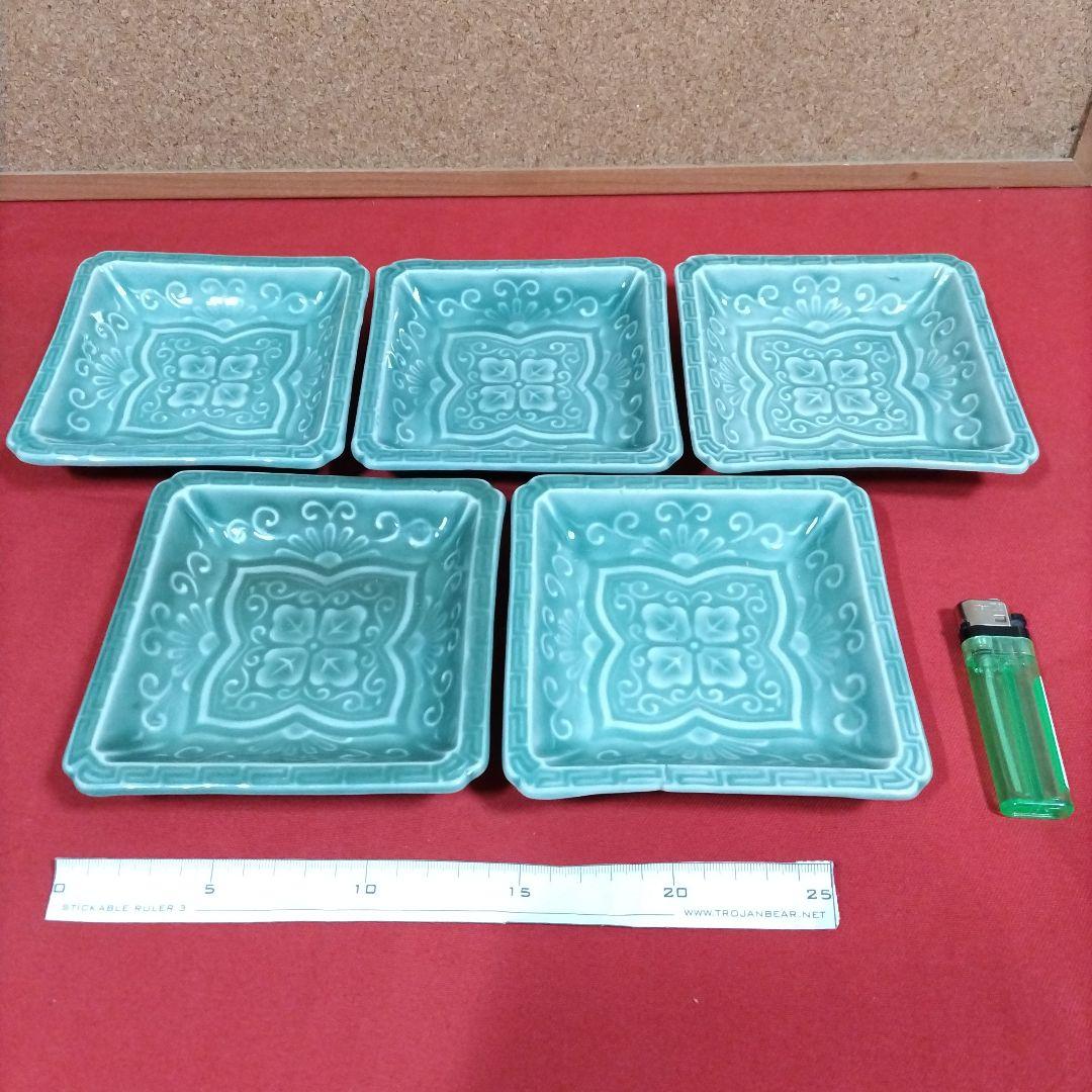 青磁の四方皿５枚揃 五陶 菓子皿 懐石料理 明治期 茶道具