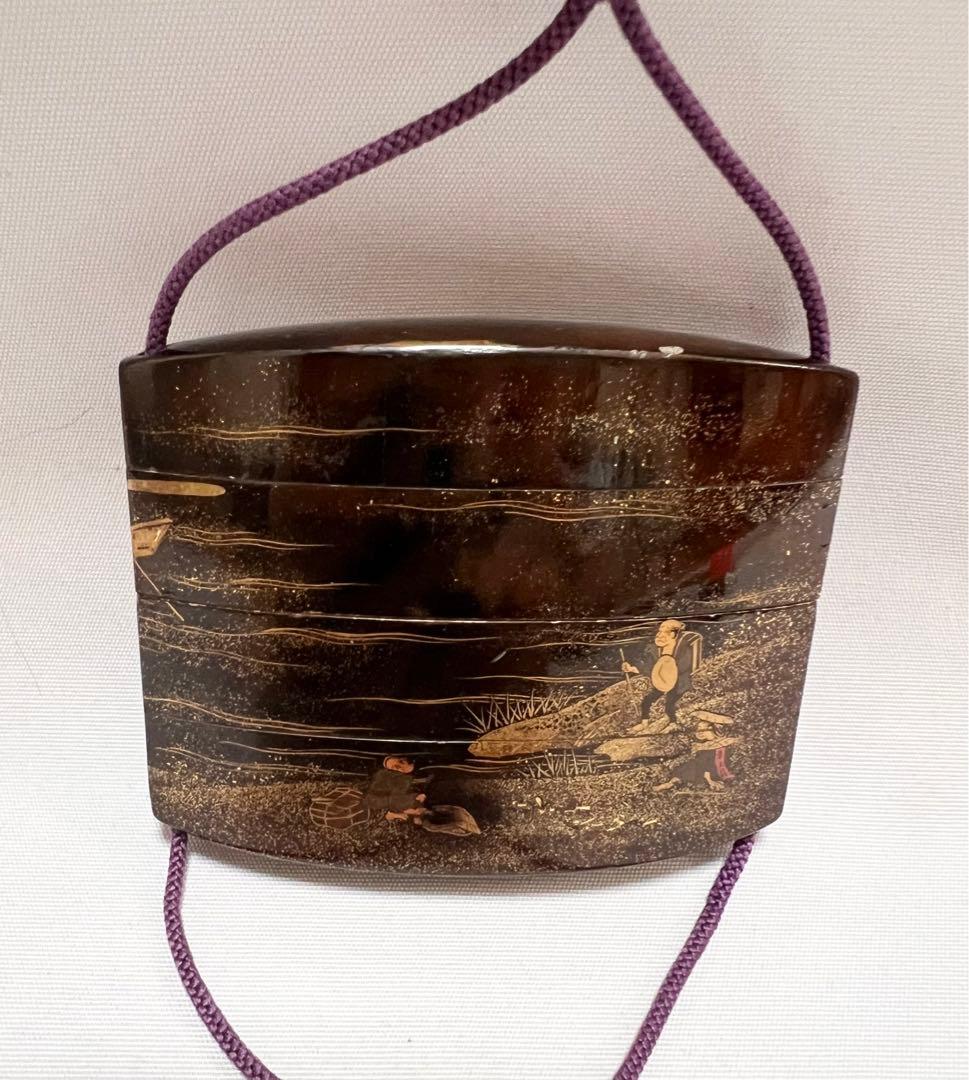 印籠 時代蒔絵 忠光 サイン アンティーク 木製