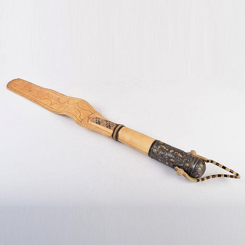 馬具　装飾品　中国　チベット　本皮製　古銅持ち手　鞭　C　9317