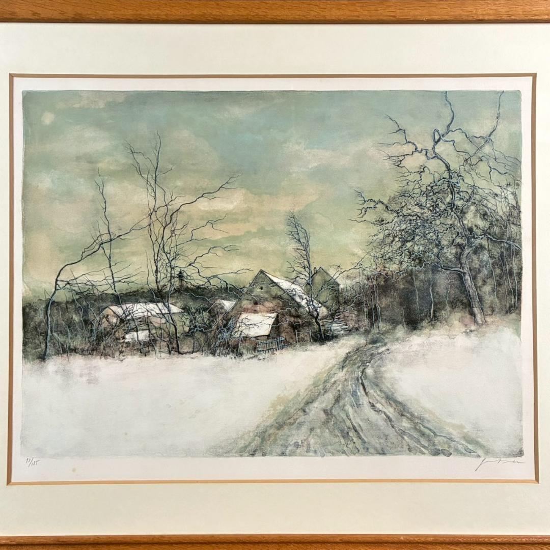 美品 ベルナール・ガントナー「冬の風景画」リトグラフ 直筆サイン入り フランス