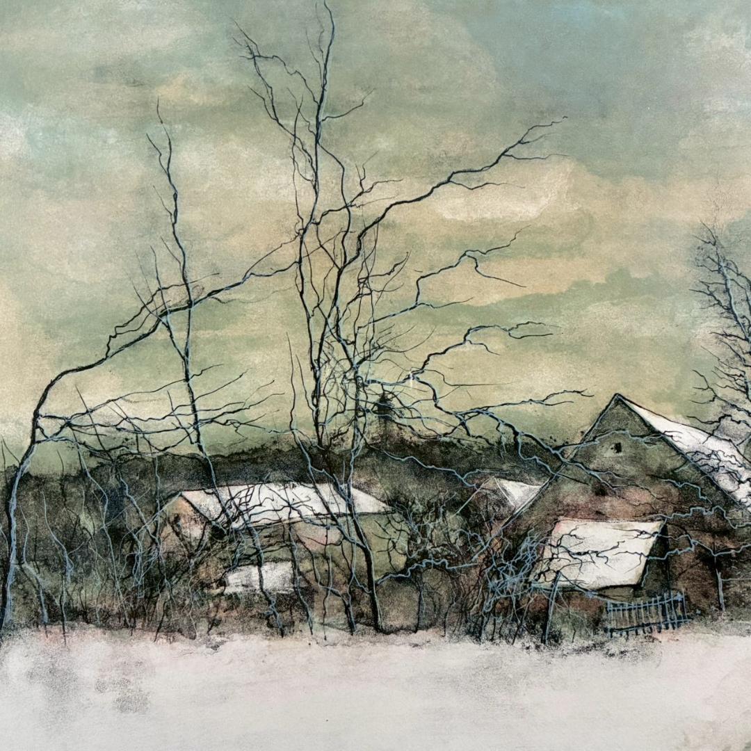 美品 ベルナール・ガントナー「冬の風景画」リトグラフ 直筆サイン入り フランス