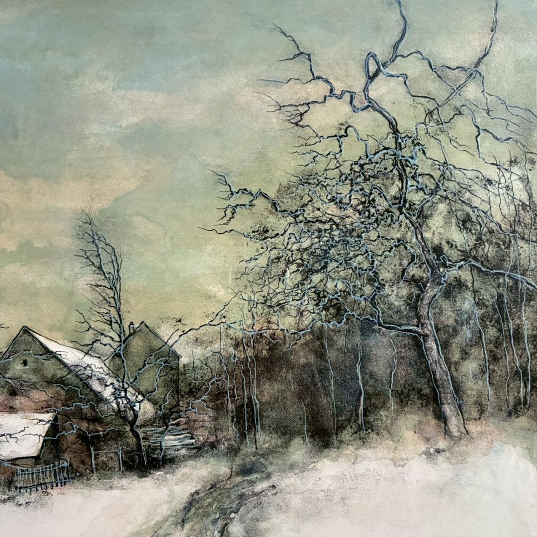 美品 ベルナール・ガントナー「冬の風景画」リトグラフ 直筆サイン入り フランス