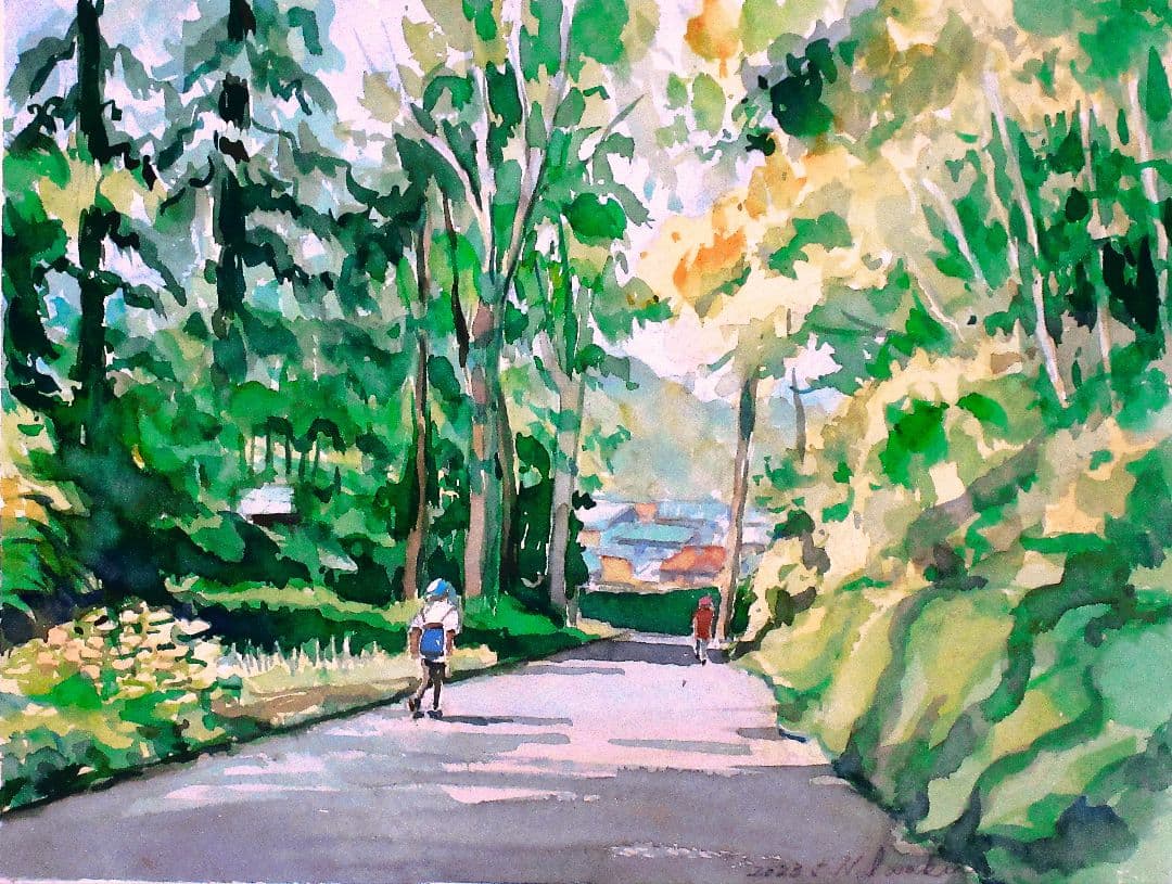 水彩画 .風景画 緑色系.額縁付き原画