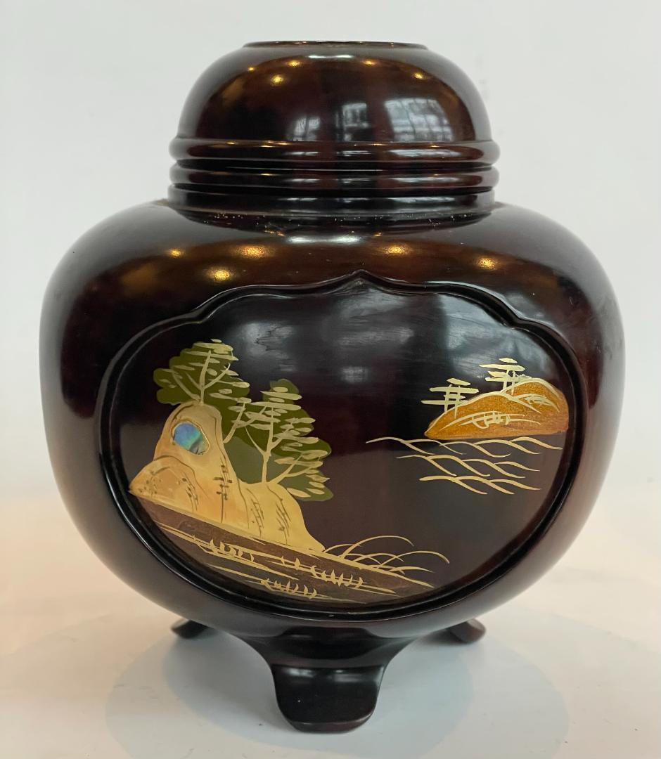 輪島塗 香炉 紫檀 蒔絵 越山 三つ足 山水 阿古陀 漆 金箔 螺鈿細工 骨董