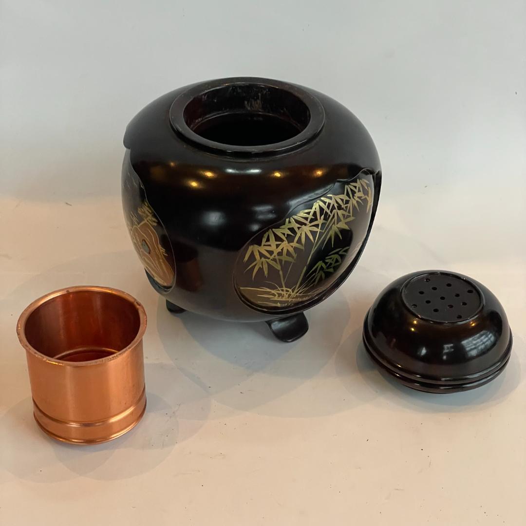 輪島塗 香炉 紫檀 蒔絵 越山 三つ足 山水 阿古陀 漆 金箔 螺鈿細工 骨董