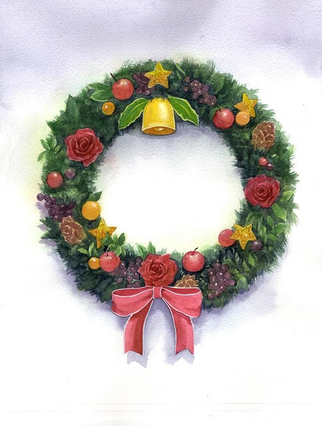 水彩アート「クリスマスリース」１点物、手描き、真筆。