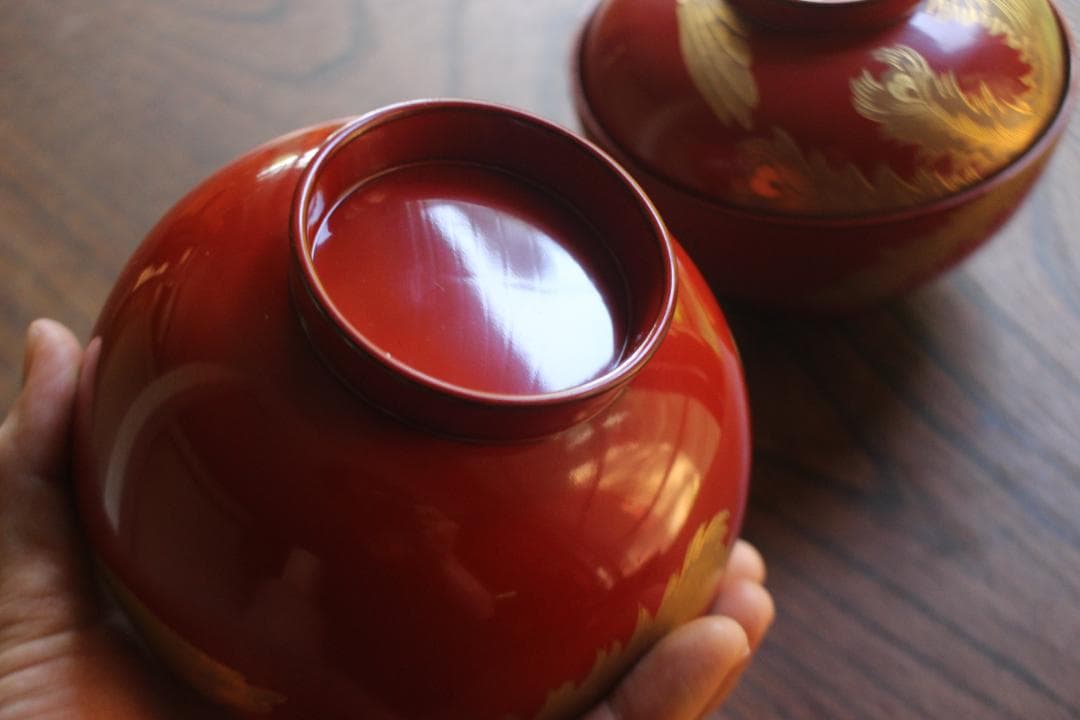 時代逸品！上質朱漆に極上鳳凰沈金蒔絵の映える大椀2点（検輪島塗雑煮椀煮物椀