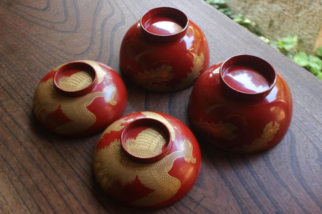 時代逸品！上質朱漆に極上鳳凰沈金蒔絵の映える大椀2点（検輪島塗雑煮椀煮物椀
